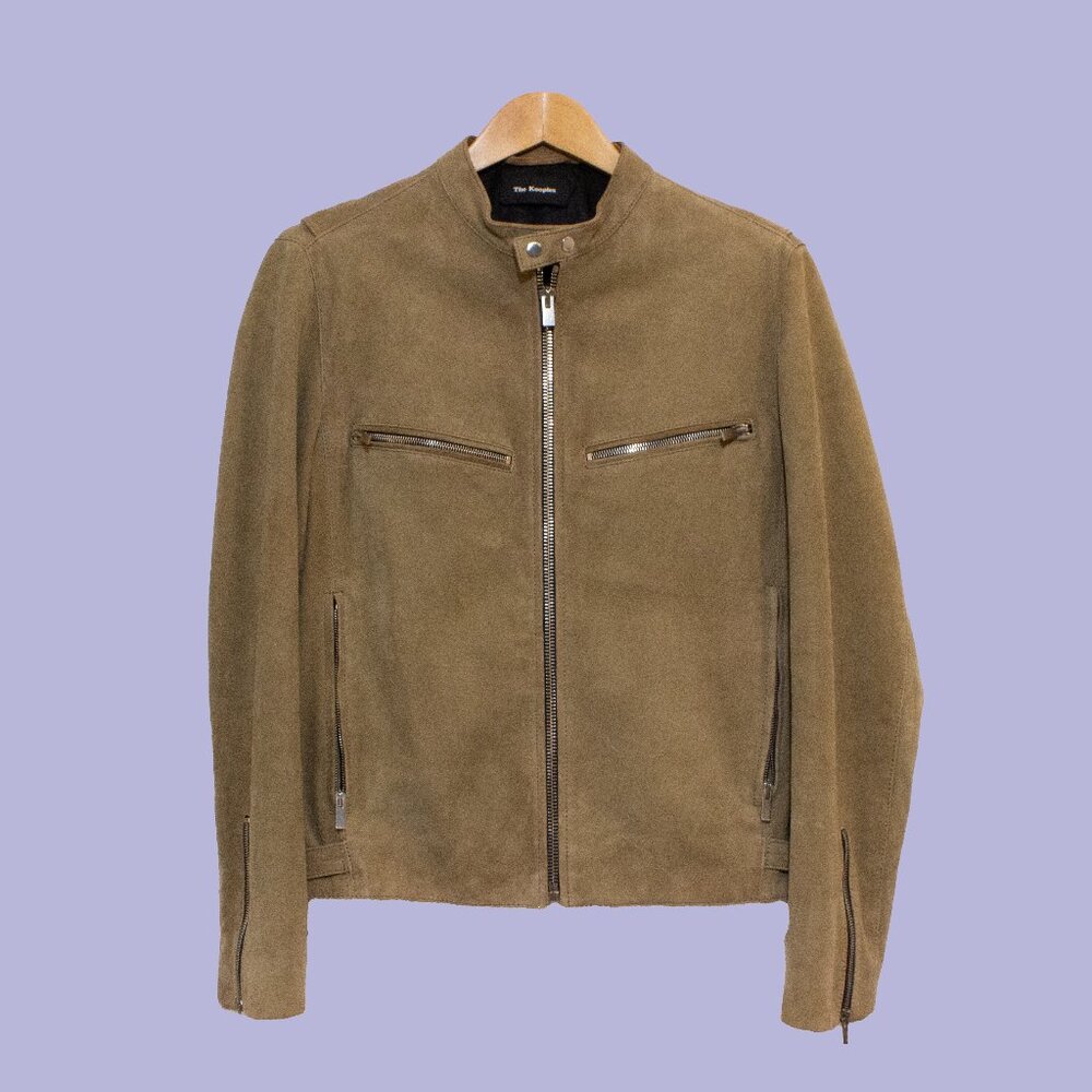 The Kooples Beige Suede Leather Jacket with buckle details, silver zipper accent